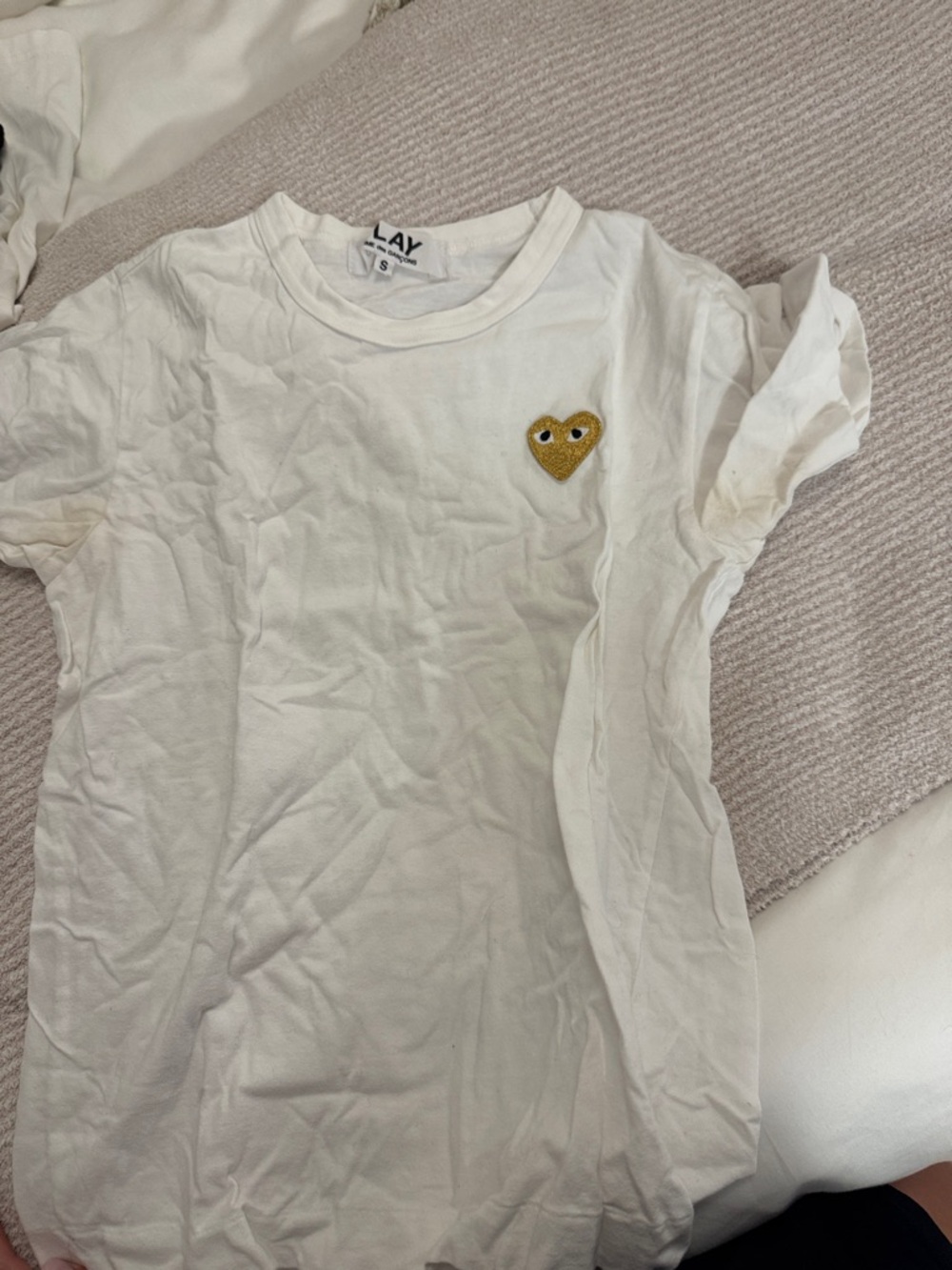 Comme des Garcons White Short-Sleeve Tee with Gold Heart Patch